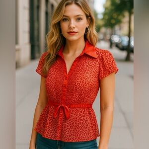 XOXO Y2K Velvet Burnout Sheer Animal Print Satin Collar Tie Blouse Orange Size M